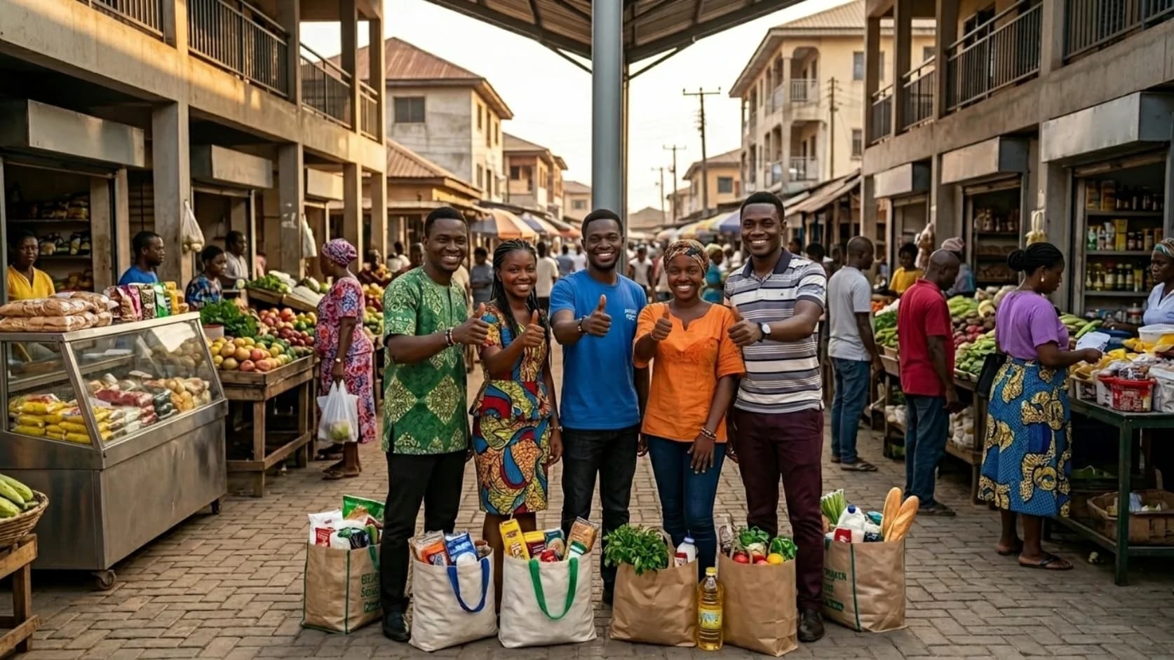 Jeunes consommateurs sur un marché local, courses à la main